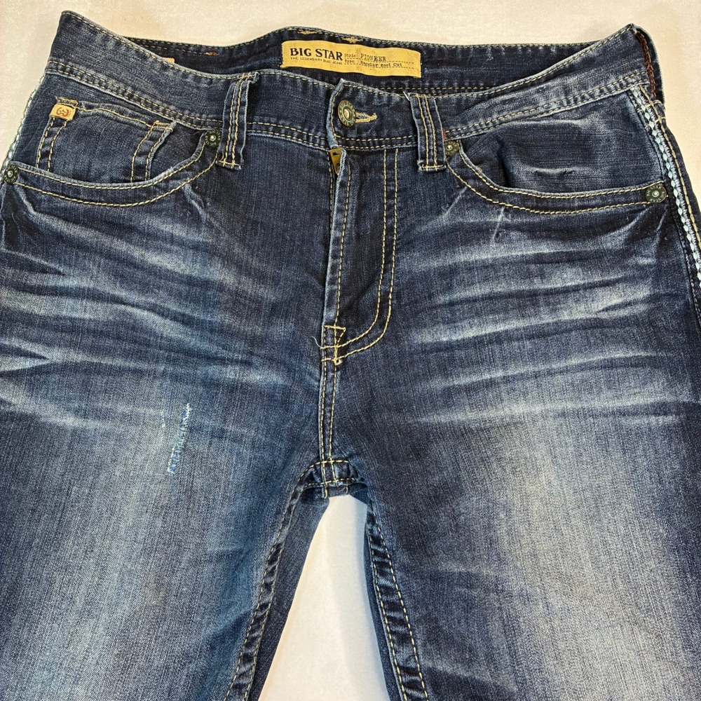 BIG STAR Pioneer Mens Bootcut Jeans Dark Wash Distressed Denim 38x30 - Picture 10 of 13